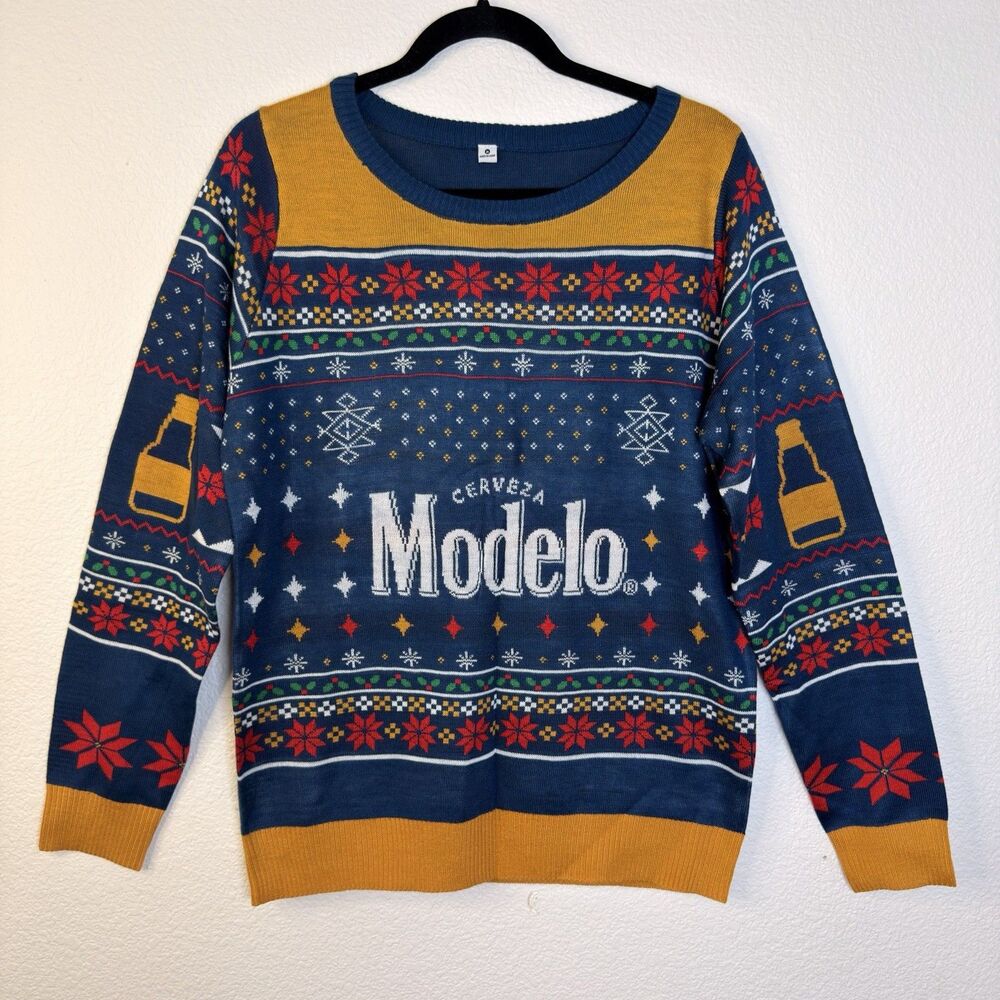 Modelo Cerveza Beer Ugly Christmas Sweater Mens Medium Navy Blue Holiday Knit